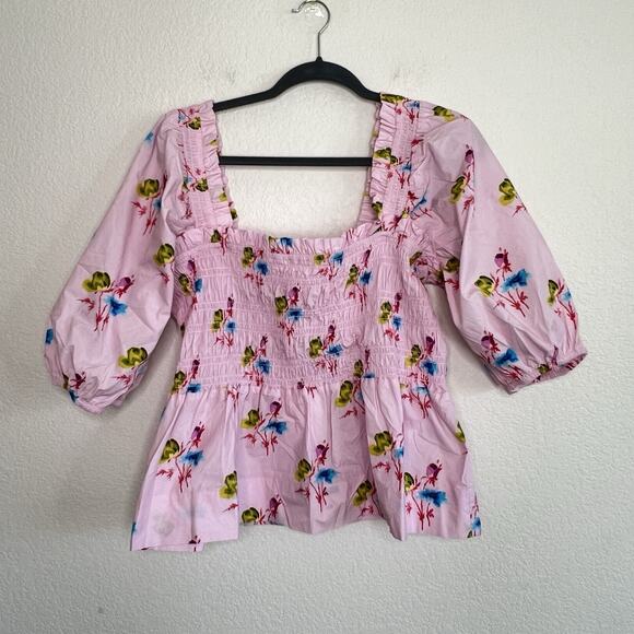 Ganni Lilac Floral Smock Top Square Neck Puff Sleeve Spring Size 44 New V13 - Picture 8 of 13